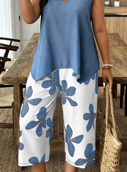 jkthpu-45 Blue And White / UK 26 Chic Plus Size Spring Floral Set VNeck Top  Wide Leg Pants