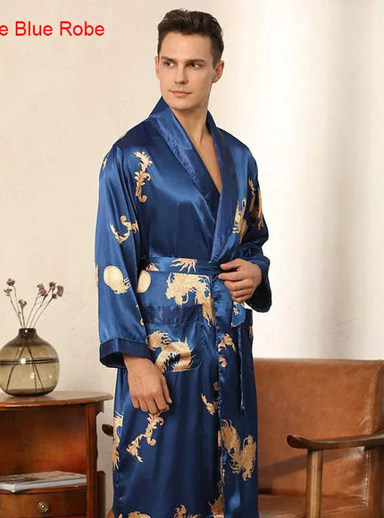 KissICON Blue B / XL Mens Dragon Print Satin Kimono Robe  Pants Pajama Set