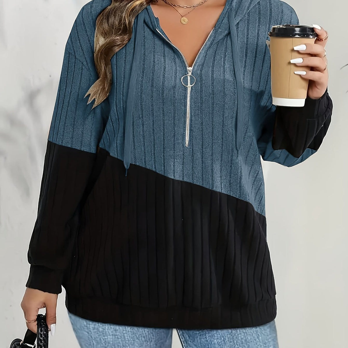 jkthpu-45 Blue+black / UK 16 Women's Plus Size Hoodie - Navy Blue &