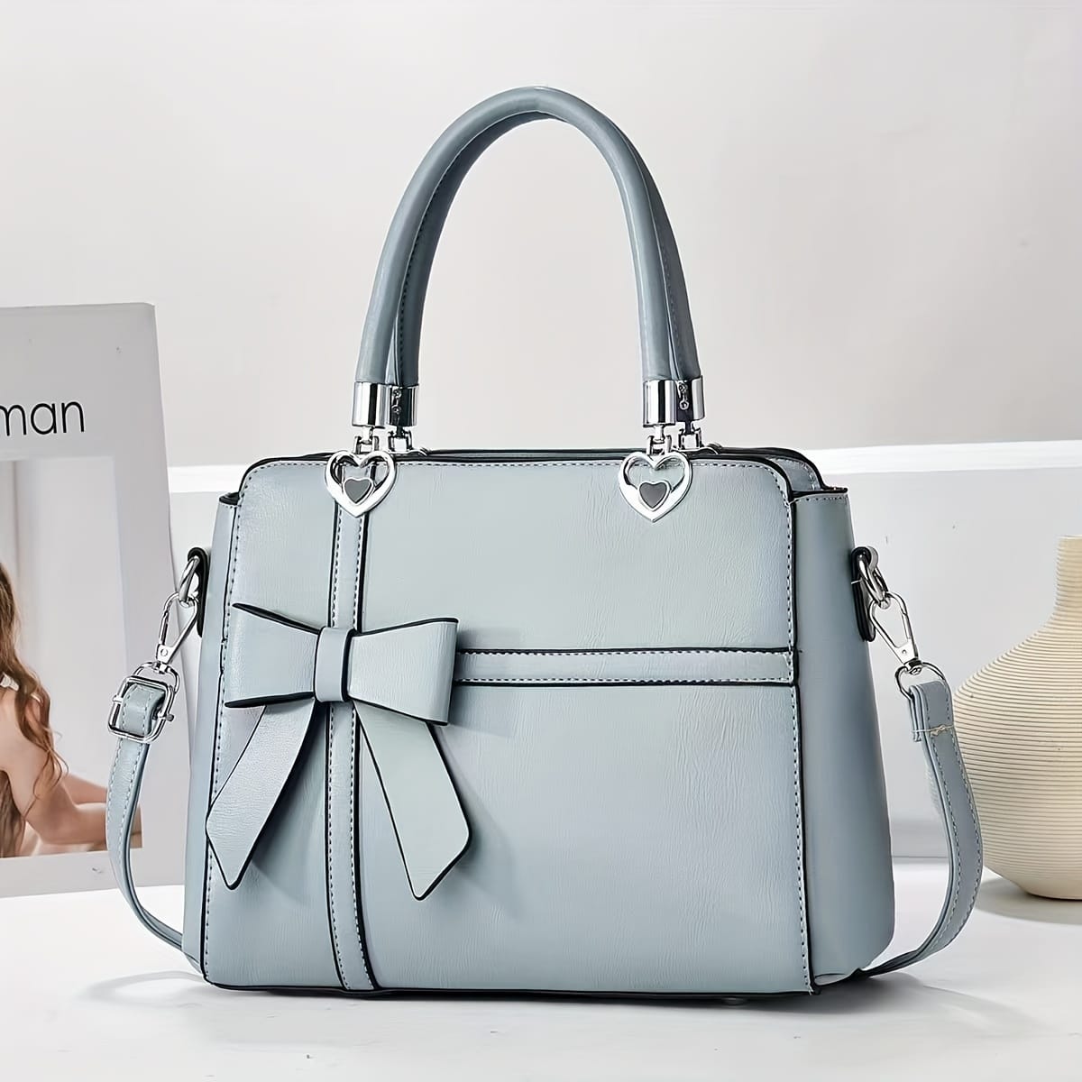jkthpu-45 Blue Chic Solid Bow Tote Versatile Everyday Elegance