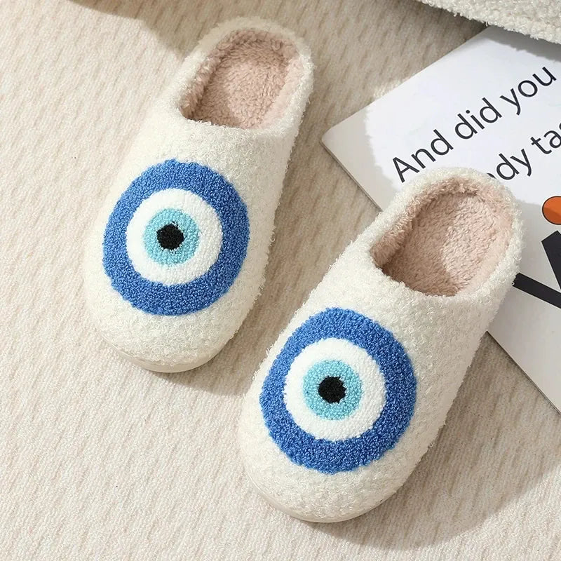 KissICON blue eyes / 38-39 Cartoon Eyes Cotton Slippers for Women Soft Soles