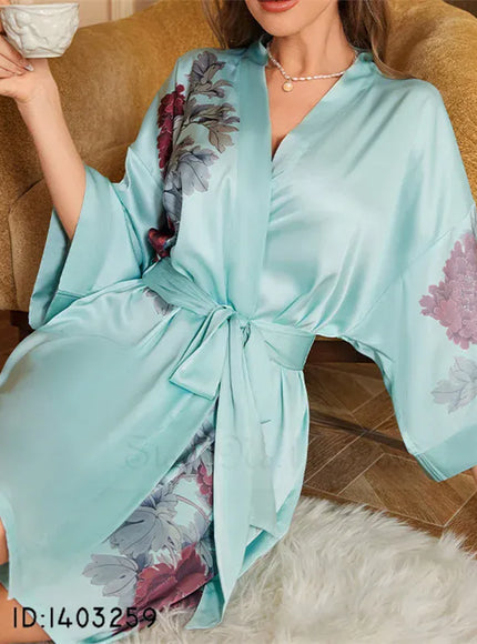 KissICON Blue Flower 11 / XXS Plus Size Sexy Women Robe Sleepwear Silky Satin