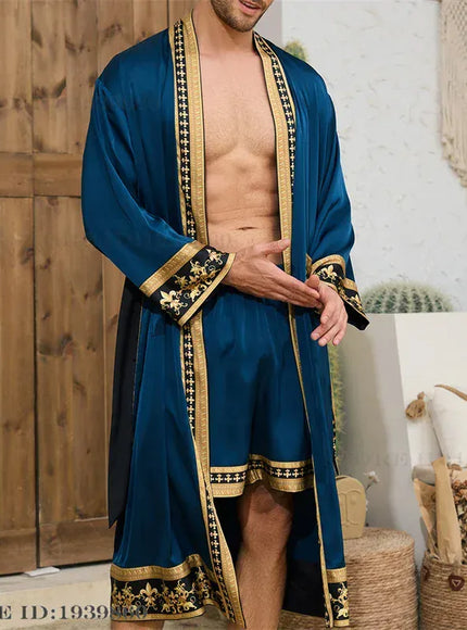 KissICON Blue Golden Set / M Mens 2PC Silk Satin Pajama Robe Set