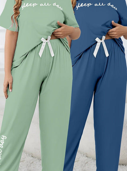jkthpu-45 Blue+Green / UK 18 Women'S Plus Size "Sleep All Day" Print Pajama
