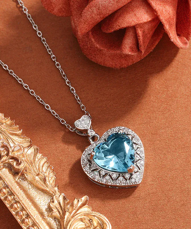 KissICON Blue Heart Zircon Pendant Necklace Sparkling 925 Silver Gift