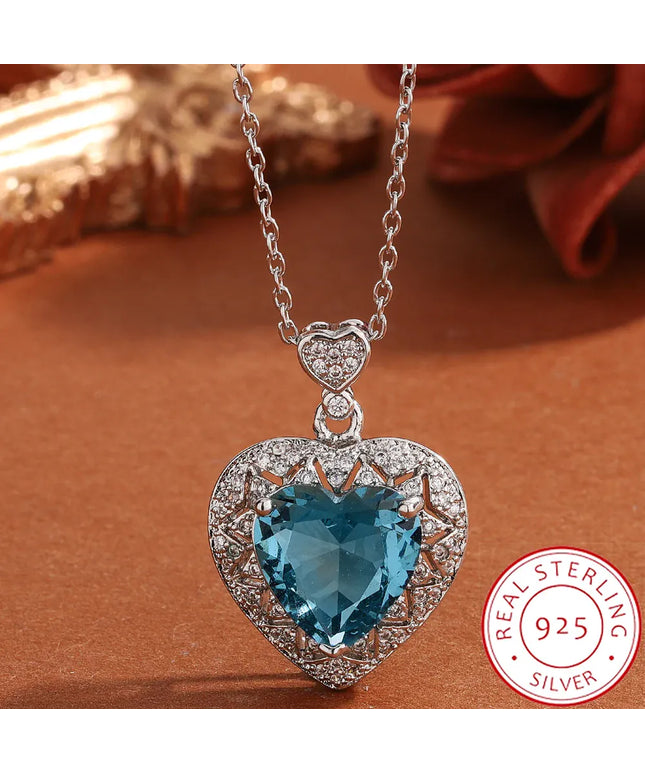 KissICON Blue Heart Zircon Pendant Necklace Sparkling 925 Silver Gift
