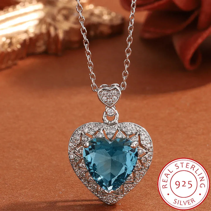 Blue Heart Zircon Pendant Necklace Sparkling 925 Silver Gift