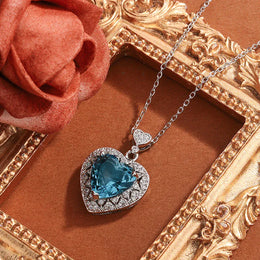 KissICON Blue Heart Zircon Pendant Necklace Sparkling 925 Silver Gift