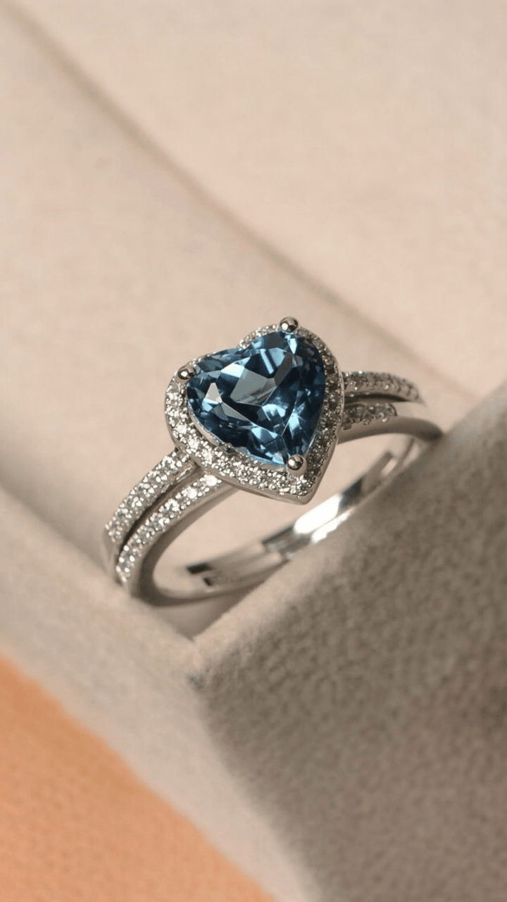 Blue Heart Zircon Ring For Women - White Gold Finish