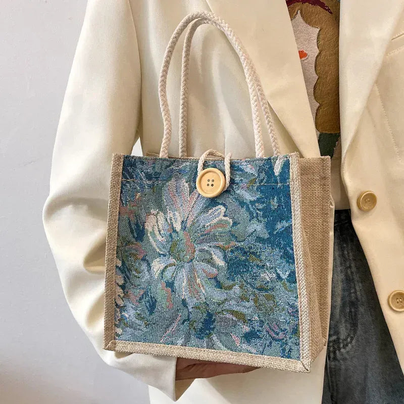 KissICON Blue Ins Hand Linen Students Handbags Top-handle Bags