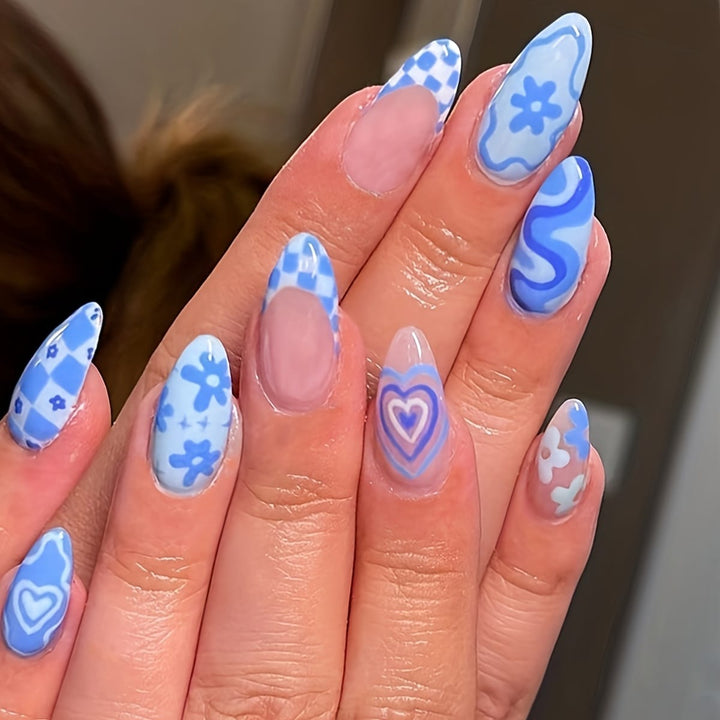KissIcon 24Pcs Blue Press On Nails Short Almond