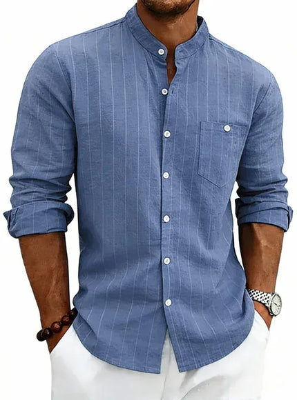 KissICON blue / L / China Mainland Striped Linen Stand Collar Loose Fashion Commuter Shirt