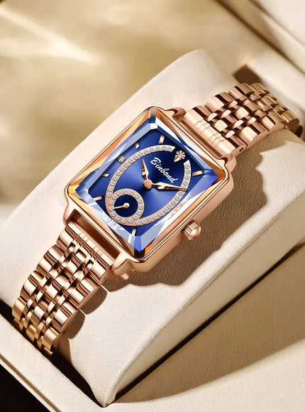 KissICON Blue Luxury Women Square Steel Quartz Wristwatch - Waterproof