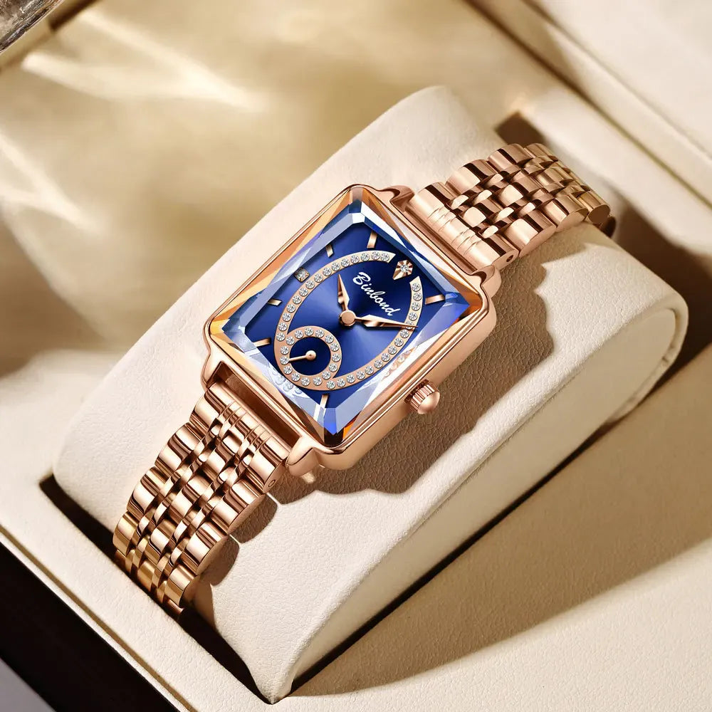 KissICON Blue Luxury Women Square Steel Quartz Wristwatch - Waterproof