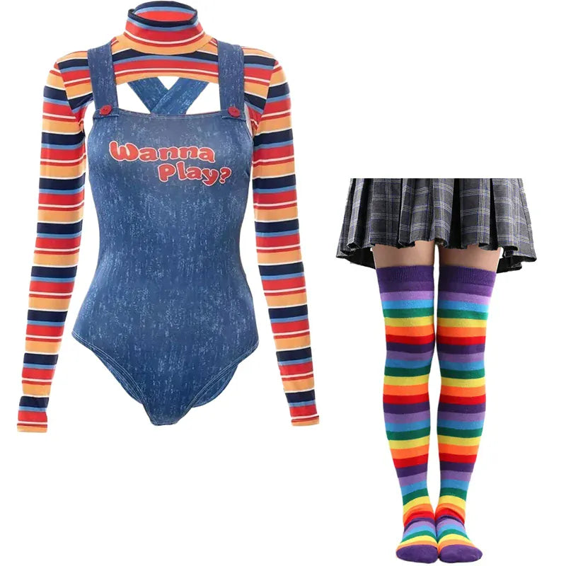 KissICON Blue / M / halloween costume Halloween Costumes for Women Scary Nightmare Killer Doll Wanna Play Movie Character Chucky Doll Costume With Stockings
