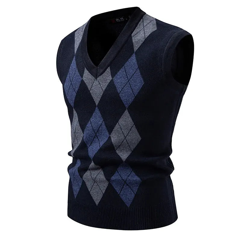 KissICON Blue / M Mens Argyle Knit Vest Stylish Slim Fit Pullover
