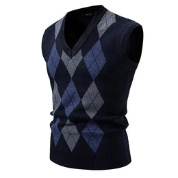 KissICON Blue / M Mens Argyle Knit Vest Stylish Slim Fit Pullover