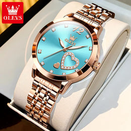 KissICON Blue OLEVS Japan Quartz Women Watch Stainless steel Bracelet "Love" Dial Fashion Elegant Waterproof Luminous Quartz Watch for Ladies