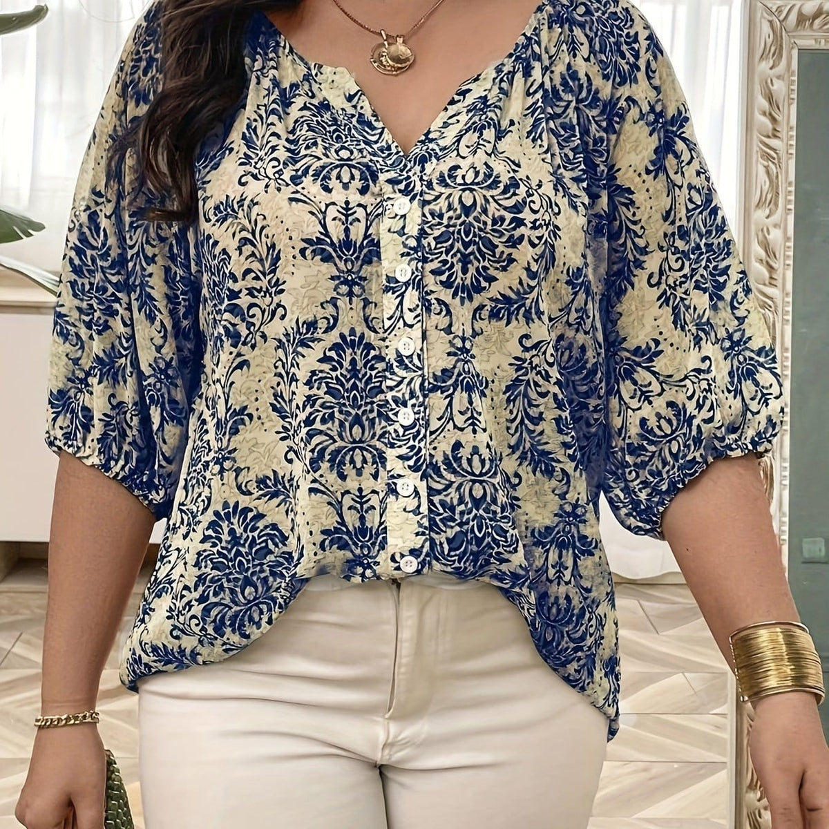 KissICON Blue Print / UK 16 Women'S Plus Size V-Neck Blouse - Elegant Blue & White Floral Print, Casual Loose Fit, Short Sleeve, Button Detail, Summer Fashion Top for Casual Attire, Ladies Blouse