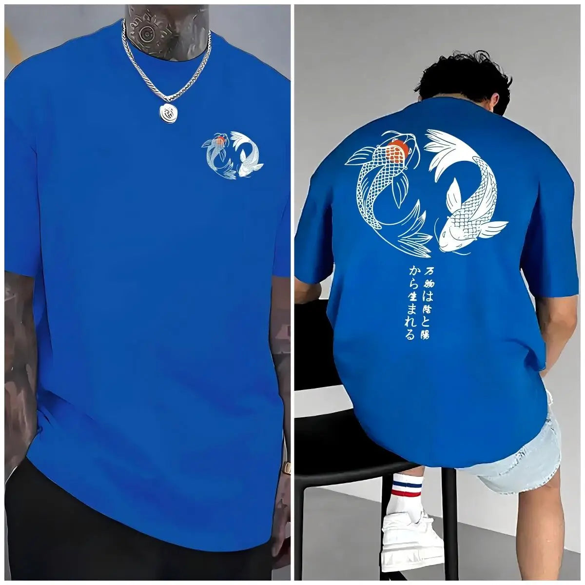 KissICON Blue / S Harajuku Koi Cotton Tee Summer Style for Men