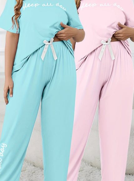 jkthpu-45 Blue+Sakura Pink / UK 18 Women'S Plus Size "Sleep All Day" Print Pajama