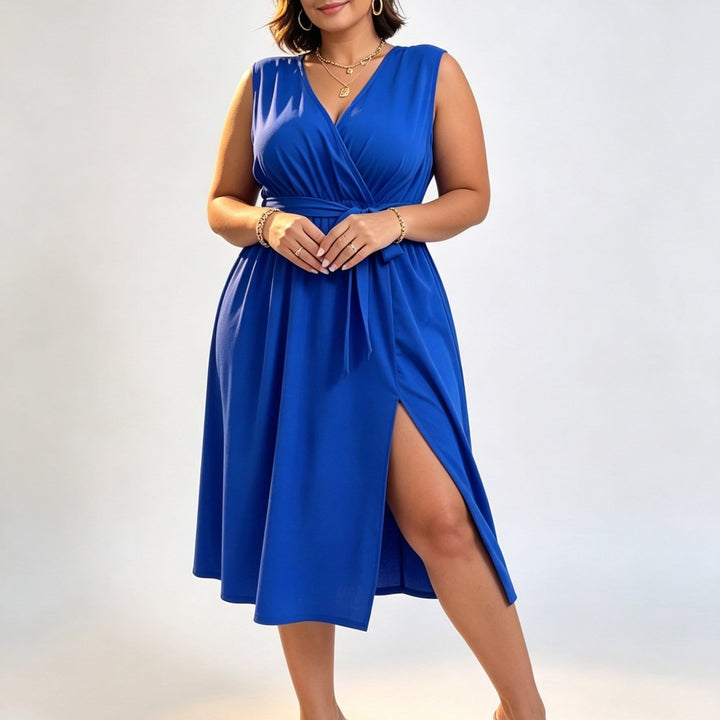 Chic Plus Size Summer Solid CrossSlit Belted Maxi Dress