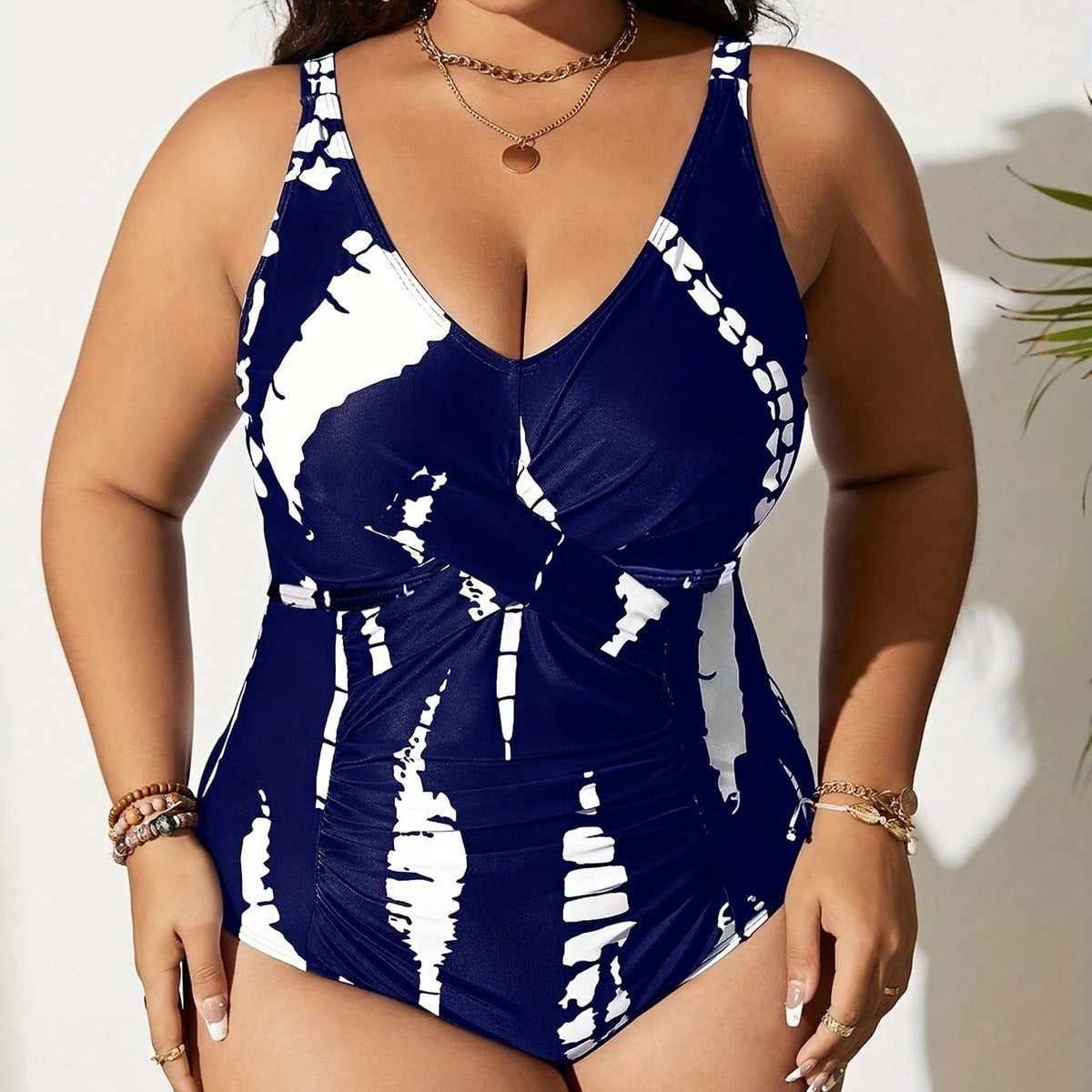 KissICON Blue / UK 16 Curve Modest Black White Print Halter Bikini