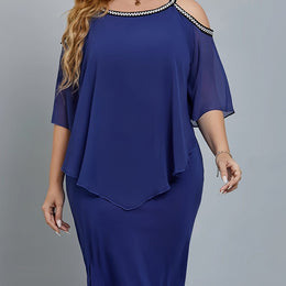 jkthpu-45 Blue / UK 16 Elegant Off-Shoulder Navy Blue Midi Dress for Women - Solid Color, Layered Half Sleeve, Stretchy Polyester with Sheer Shoulder Detail, Perfect for Spring & Summer Casual Wear, Elegant Party Attire | Elegant Offshoulder Dress | Subtle Sheen Finish, Cute Dr