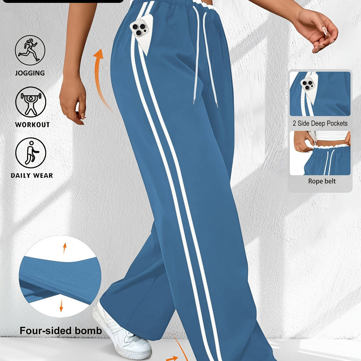 jkthpu-45 Blue / UK 16 Plus Size High Stretch Straight Leg Trousers with Side Stripe – 6 Colours
