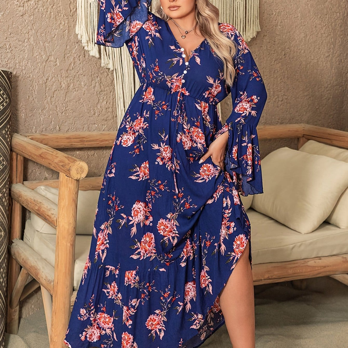 jkthpu-45 Blue / UK 16 Plus Size Women's Bohemian Floral Maxi Dress – V-Neck, Long Sleeves & Belted Waist, Navy Blue with Orange and White Flowers, Pleated Hem, Spring, Summer & Fall