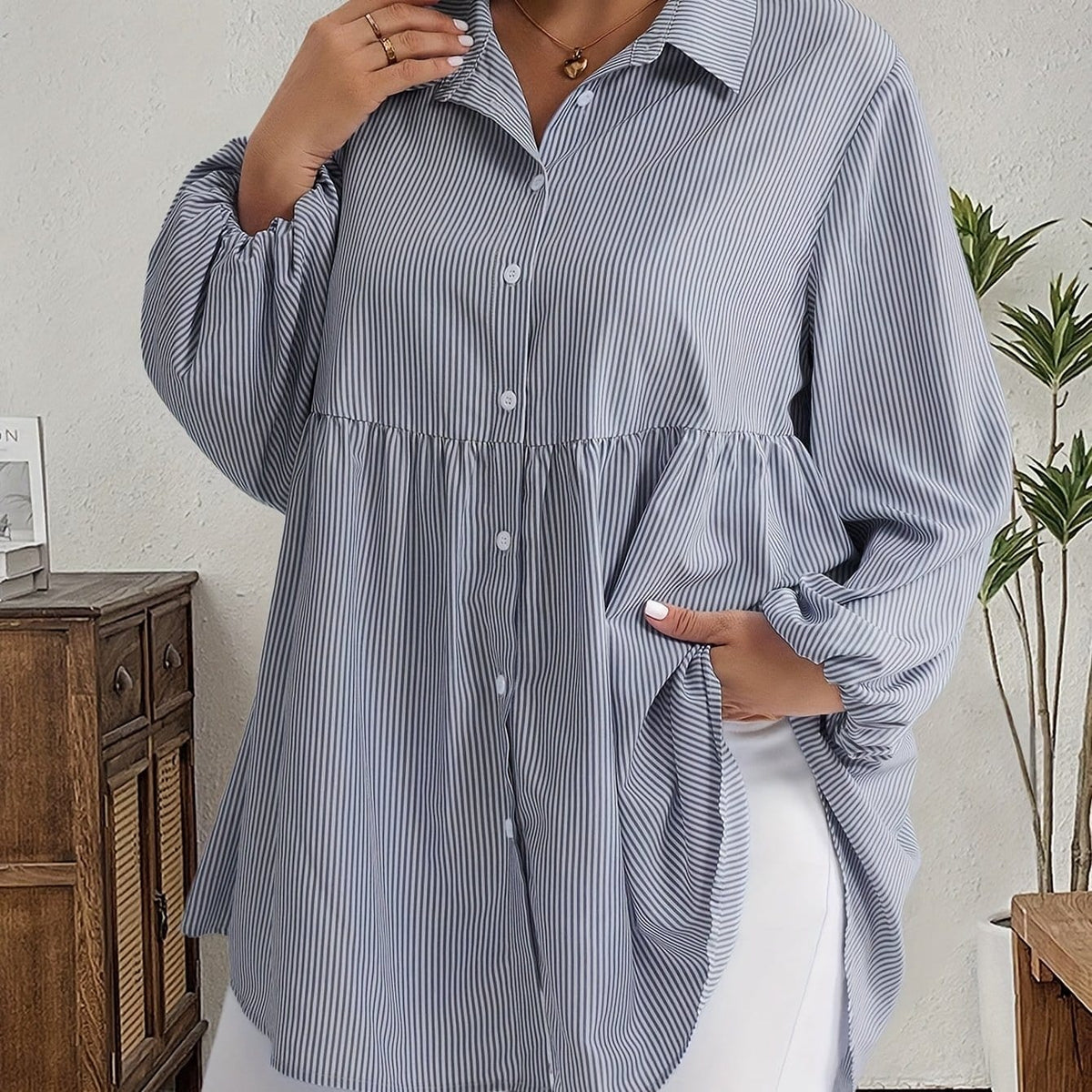 KissICON Blue / UK 16 Plus Size, Women's Plus Size Oversized White & Green Horizontal Striped Button- Shirt Jacket-like Blouse - Short Sleeve-like Collar, Wrinkle-Resistant (Machine Washable) H-Line Fit for Year-Round Casual & Dressy Wear (No)