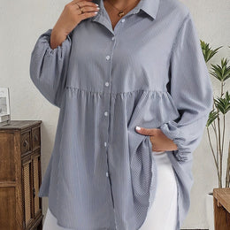 KissICON Blue / UK 16 Plus Size, Women's Plus Size Oversized White & Green Horizontal Striped Button- Shirt Jacket-like Blouse - Short Sleeve-like Collar, Wrinkle-Resistant (Machine Washable) H-Line Fit for Year-Round Casual & Dressy Wear (No)
