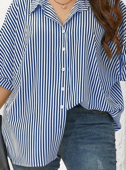 KissICON Blue / UK 16 Women'S Plus Size Striped Shirt - Yellow & White, Short Sleeve, Button-Up Collar, Casual Summer Style, Comfortable Polyester Fabric, Casual Summer Wear | Striped Buttonup | Glossy Texture