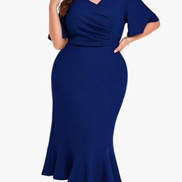 jkthpu-45 Blue / UK 18 Chic Plus Size Women's Midi Mermaid Cocktail Dress with Pleats and Short Sleeves 1X-6X