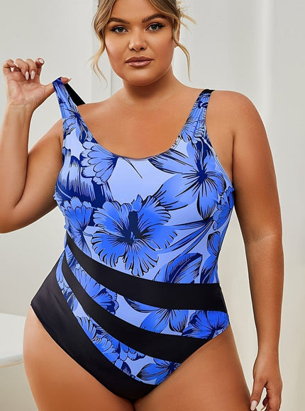KissICON Blue / UK 18 Curve Tropical Floral Highcut Onepiece Swimsuit