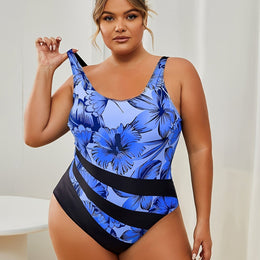 KissICON Blue / UK 18 Curve Tropical Floral Highcut Onepiece Swimsuit