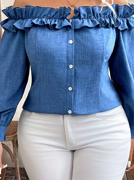 jkthpu-45 Blue / UK 18 [Elegant Blouse] Polyester Elegant Off-Shoulder Ruffle Blouse for