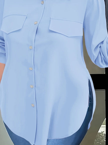 KissICON Blue / UK 18 Plus Size Chic Blouse with Flowy Curved Hem - Fashionable Button Front & Classic Collar - Perfect Casual Wear for Spring - Womens Plus Size Clothing