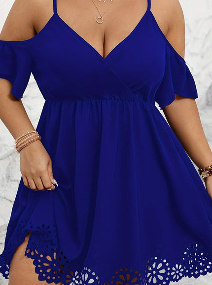 jkthpu-45 Blue / UK 18 Plus Size Cold Shoulder Cutout Trim Elegant Short Sleeve Dress for Spring & Summer, Women's Clothing