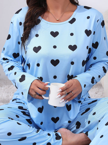 jkthpu-45 Blue / UK 18 Plus Size Cozy Heart Print Pajama Set -
