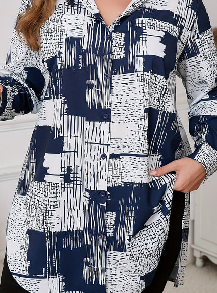 KissICON Blue / UK 18 [Plus Size Elegant Geometric Shirt] Women'S Elegant Geometric-Patterned Shirt, Polyester 95% Spandex 5%, Long Sleeve with Lapel Collar, Slight Stretch Fabric, Woven, 110g/m², for Spring/Fall - Plus Size