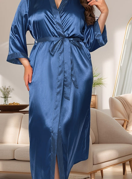 KissICON Blue / UK 18 Plus Size Women'S Elegant Satin Robe - Long