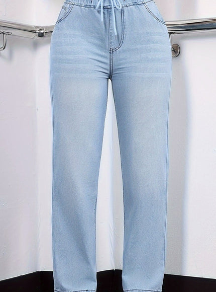 jkthpu-45 Blue / UK 18 Women's Straight-Leg Jeans - Non-See-Through Washed Blue Pants