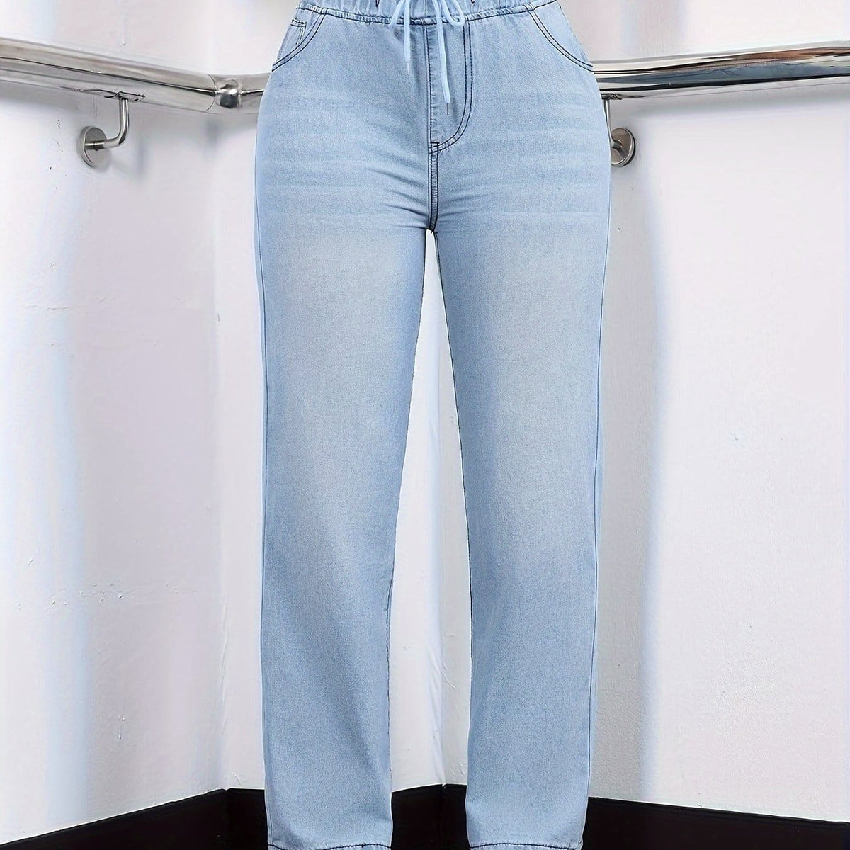 jkthpu-45 Blue / UK 18 Women's Straight-Leg Jeans - Non-See-Through Washed Blue Pants