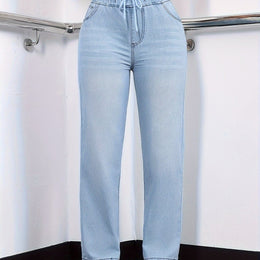 jkthpu-45 Blue / UK 18 Women's Straight-Leg Jeans - Non-See-Through Washed Blue Pants