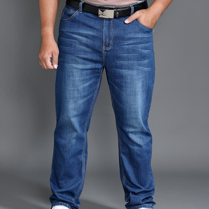 Plus Size Men'S Regular Stretch Jeans, High-Quality Wear-Resistant, Warm, And Washed Denim
