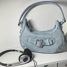 Dropshipman Blue Vintage Korean Casual Cute White Star Shoulder Underarm Tote Bag Ladies Sling Bags Leather Zip Purses  Handbags Women