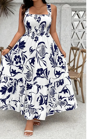 KissICON Maxi Dress Blue/White / 1XL Plus Size Floral Halter Ruffle Summer Holiday Dress | KissICON