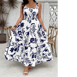 KissICON Maxi Dress Blue/White / 1XL Plus Size Floral Halter Ruffle Summer Holiday Dress | KissICON