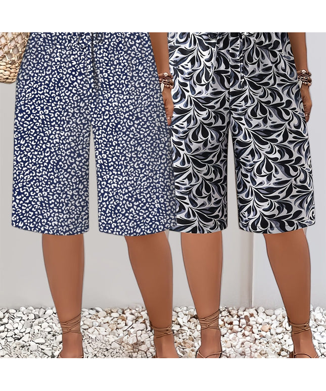 jkthpu-45 Blue+White+Blue / UK 18 Plus Size Printed Beach Vacation TwoPiece Shorts Set